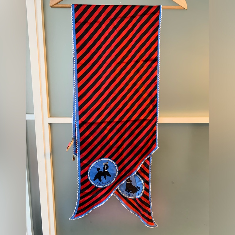 Lulu Guinness silk scarf. Black & red stripes w! blue trim and white stitching.